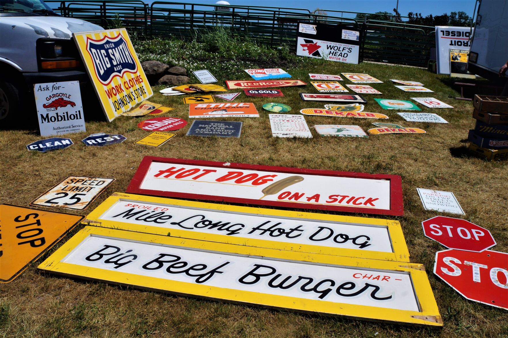 Signs displayed for sale at the Elkhorn Antique Flea Market
